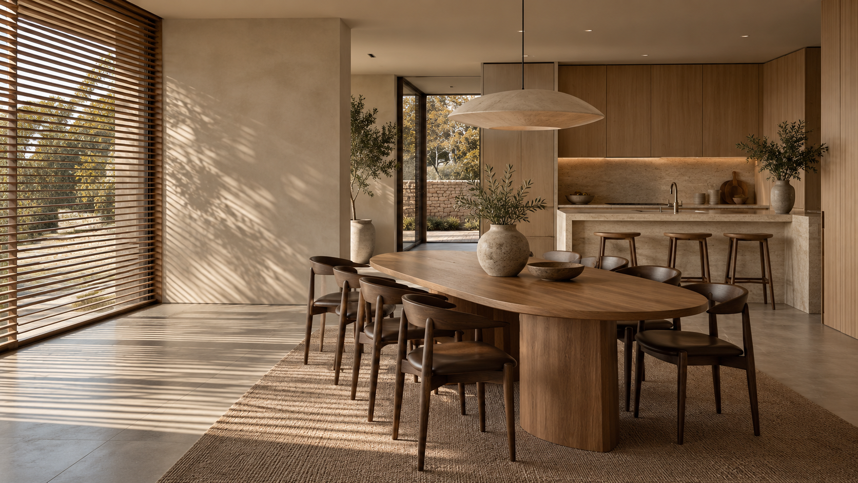 A contemporary dining space in warm wood and stone